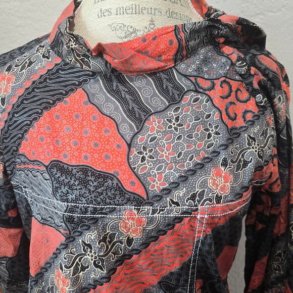 Batik Multi Color Abstract Pattern Pull Over Tunic Long Sleeve Blouse Shirt - Picture 5 of 9